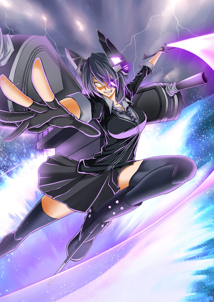 1girl, black_gloves, black_legwear, black_skirt, cardigan, checkered, checkered_necktie, eyepatch