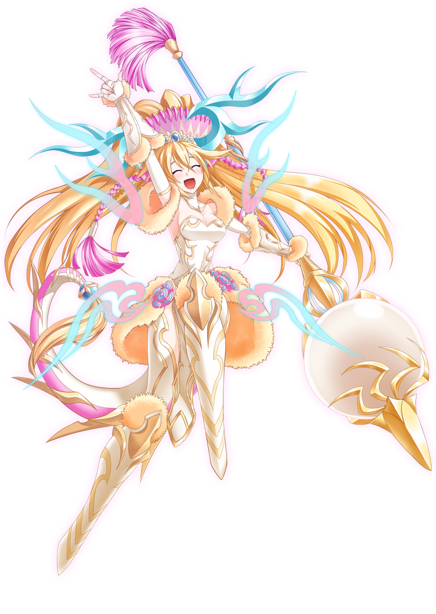 1girl, :d, \m/, arm_up, bare_shoulders, blonde_hair, blush, breasts, cleavage, closed_eyes, dress, full_body, fur_trim, hair_up, headdress, holding, horns, long_hair, long_legs, magic, open_mouth, outstretched_arm, pom_pom_(clothes), puzzle_&amp;_dragons, sakuya_(p&amp;d), shirahira_kousuke, sideboob, simple_background, sky, smile, solo, staff, strapless_dress, tail, thigh-highs, vambraces, very_long_hair, white_background, white_dress, white_legwear