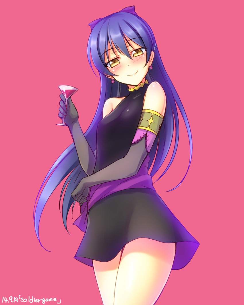 1girl, black_dress, black_gloves, blue_hair, blush, cowboy_shot, cup, dated