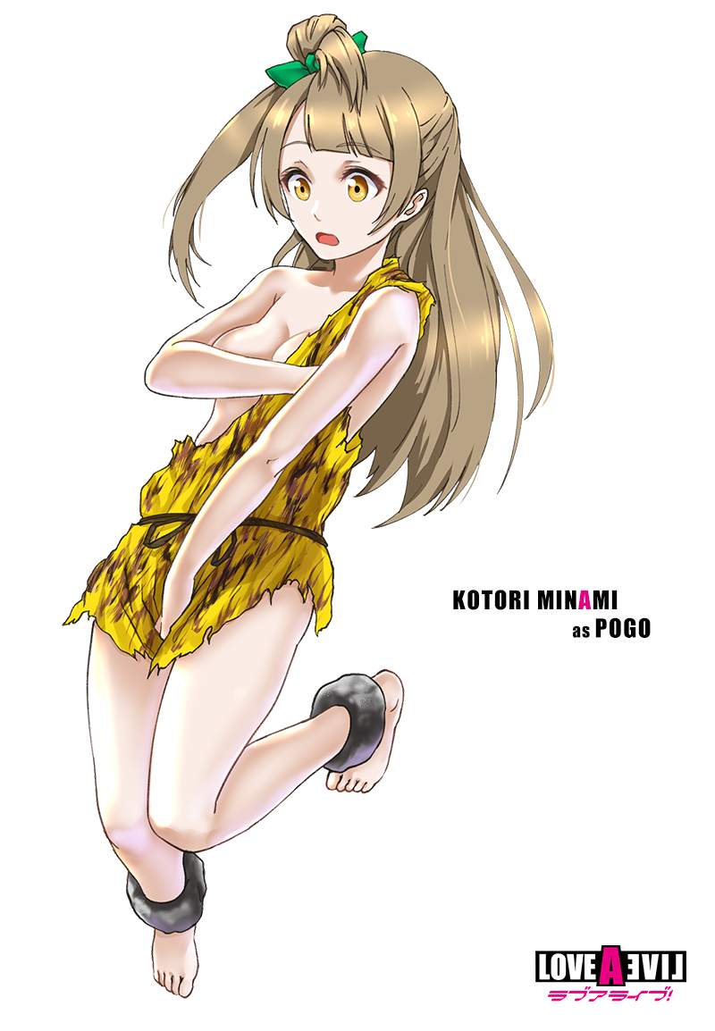 1girl, anklet, bare_shoulders, barefoot, blush, bow, breasts, brown_hair, cleavage, covering, covering_breasts, infinote, jewelry, live_a_live, long_hair, love_live!_school_idol_project, minami_kotori, open_mouth, pogo_(live_a_live)_(cosplay), side_ponytail, solo
