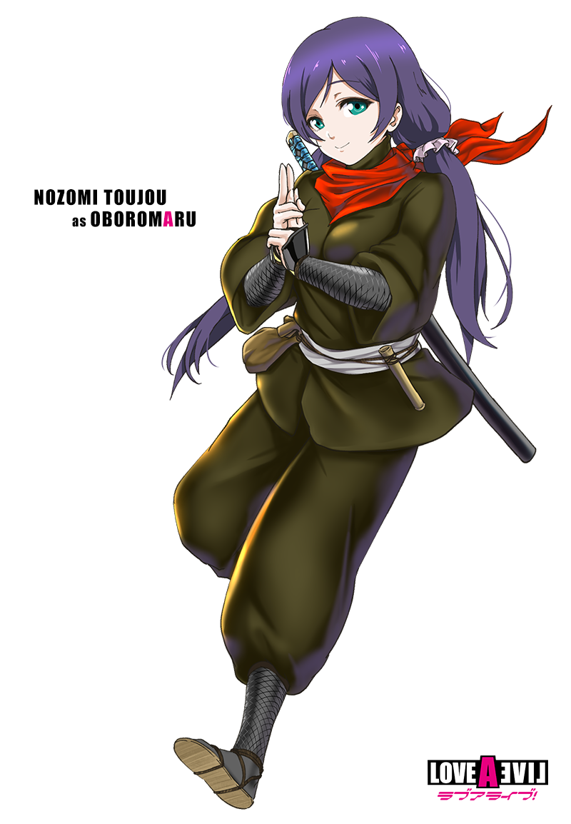 1girl, blush, cosplay, green_eyes, infinote, live_a_live, long_hair, looking_at_viewer, love_live!_school_idol_project, ninja, oboro-maru_(live_a_live), oboro-maru_(live_a_live)_(cosplay), pose, purple_hair, scarf, smile, solo, sword, toujou_nozomi, twintails, weapon