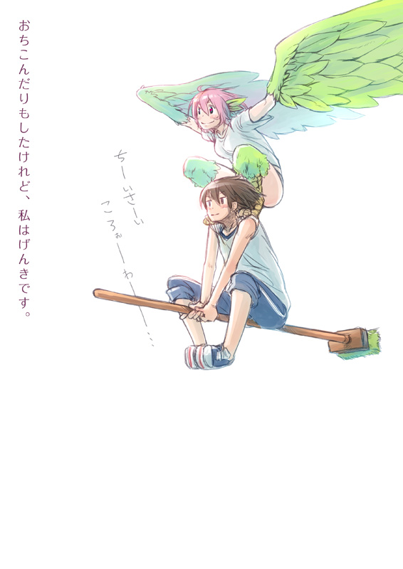 1boy, 1girl, brown_hair, feathered_wings, feathers, flying, harpy, head_feathers