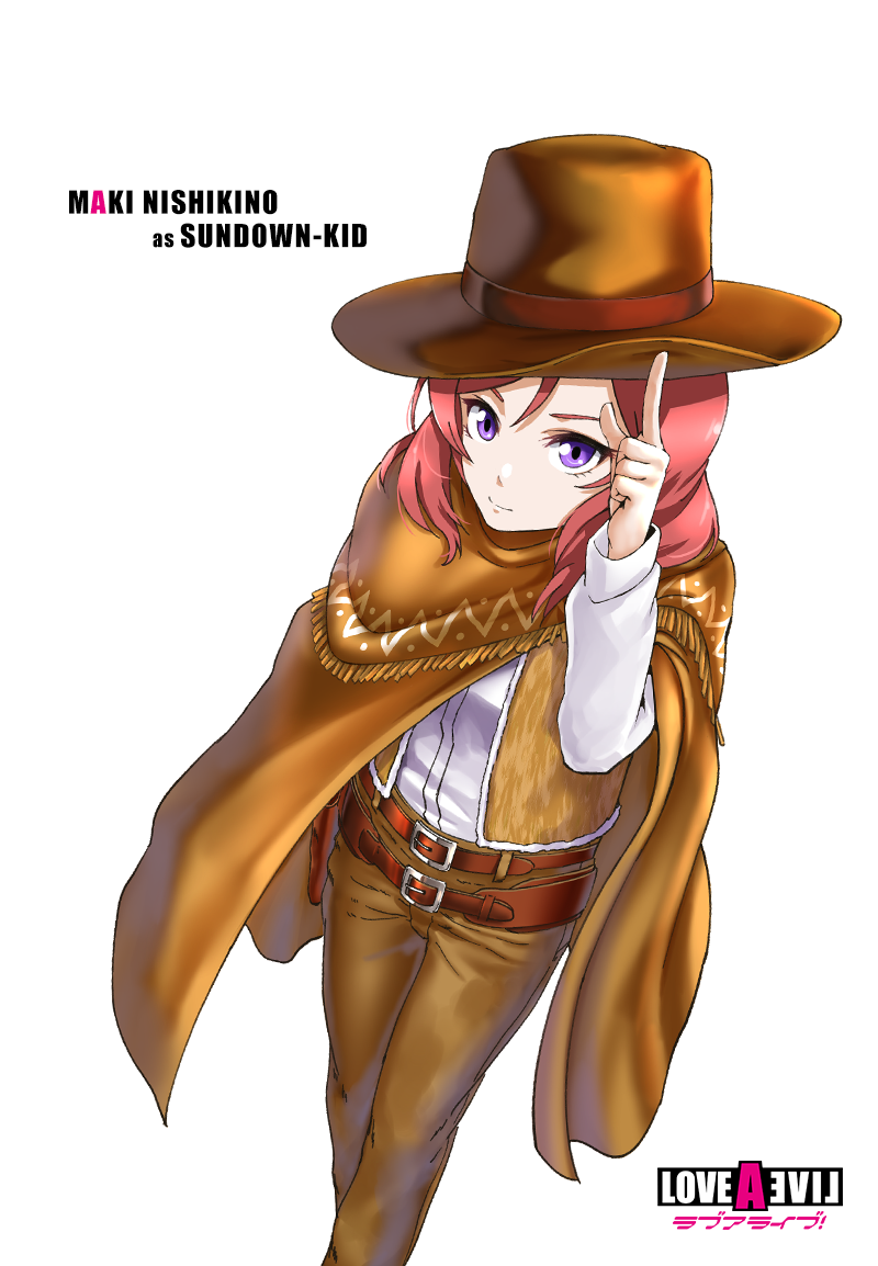 1girl, blush, character_name, cosplay, cowboy_hat, fringe, hat, hat_tip, holster, infinote, live_a_live, looking_at_viewer, love_live!_school_idol_project, nishikino_maki, poncho, redhead, short_hair, solo, sundown_kid, sundown_kid_(cosplay), violet_eyes, western