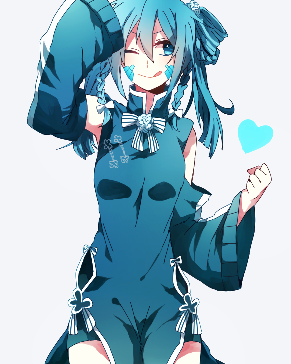 1girl, ;p, adapted_costume, blue_eyes, blue_hair, china_dress, chinese_clothes, ene_(kagerou_project)