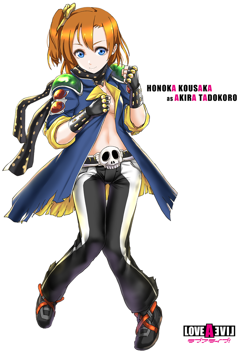 1girl, blue_eyes, blush, brown_hair, cape, character_name, cosplay, fingerless_gloves, gloves, infinote, jacket, kousaka_honoka, live_a_live, love_live!_school_idol_project, open_clothes, open_jacket, open_shirt, short_hair, side_ponytail, smile, tadokoro_akira, tadokoro_akira_(cosplay), wide_sleeves