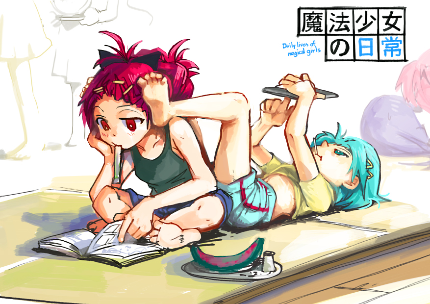 akemi_homura, barefoot, blue_eyes, blue_hair, book, bow, casual, danshi_koukousei_no_nichijou