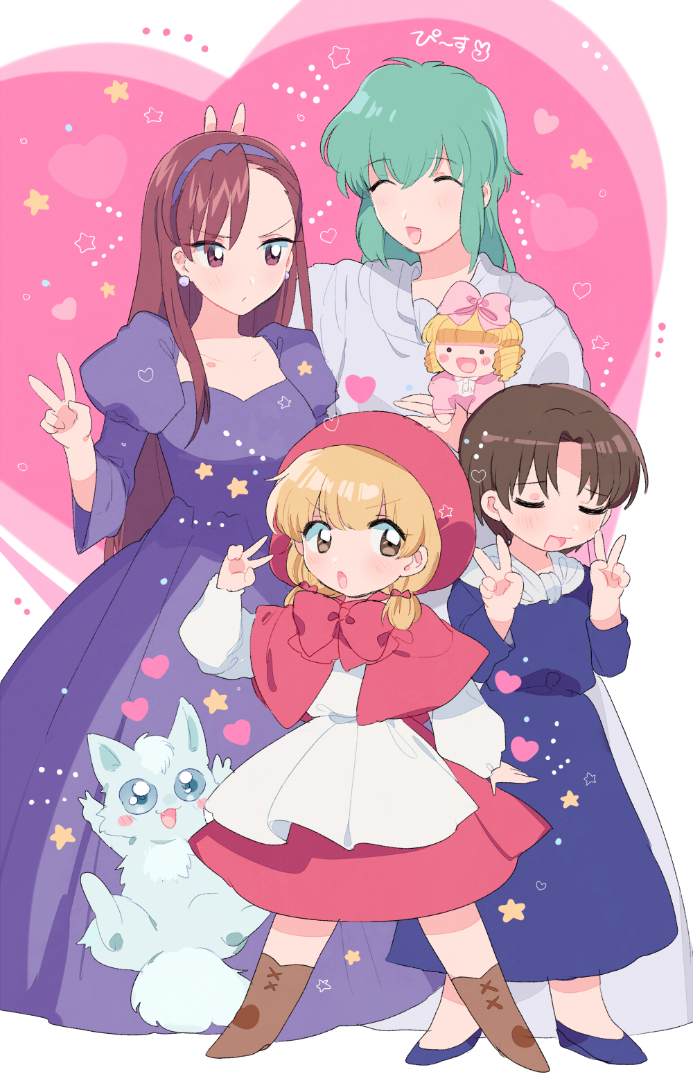 akazukin_chacha, blonde_hair, blue_eyes, brown_eyes, brown_hair, chacha_(akazukin_chacha), doll, dorothy_(akazukin_chacha), elizabeth_(akazukin_chacha), green_hair, highres, hood, long_hair, miyako_(xxxbibit), riiya_(akazukin_chacha), seravi_(akazukin_chacha), shiine_(akazukin_chacha), smile, twintails, v