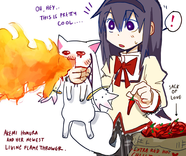 !, 1girl, akemi_homura, black_hair, breathing_fire, fire, hairband, holding