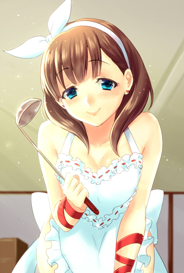 1girl, apron, blue_eyes, breasts, brown_hair, cleavage, hairband, idolmaster