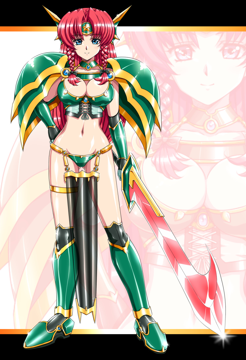 1girl, alternate_costume, armor, bikini, bikini_armor, blue_eyes, braid, breasts