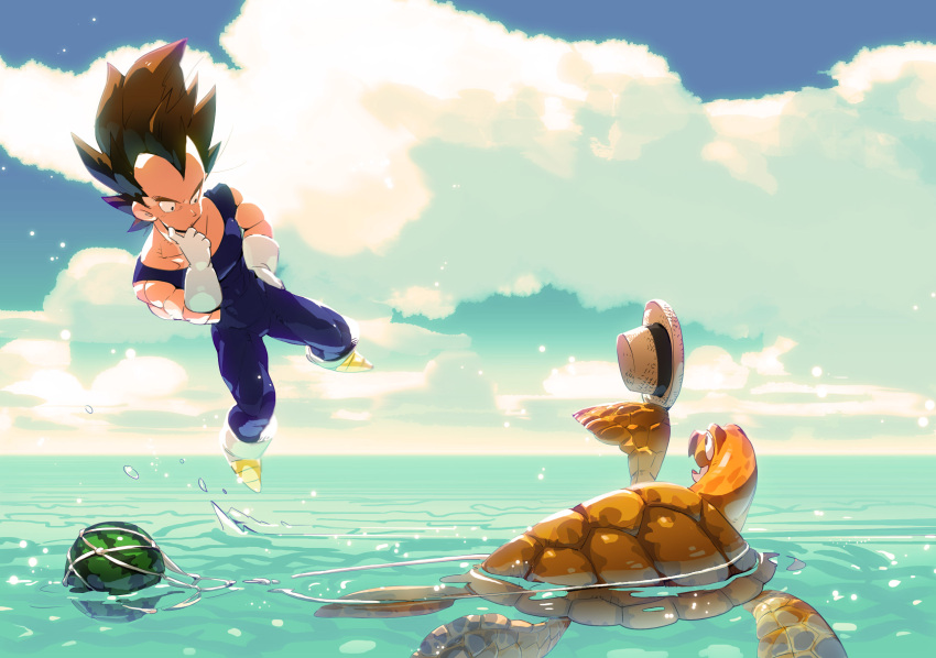 1boy, animal, black_hair, blue_sky, blurry, boots, clouds, dragon_ball