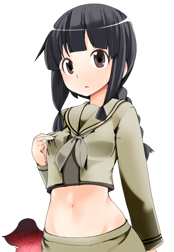 2girls, black_eyes, black_hair, braid, cowboy_shot, kantai_collection, kitakami_(kantai_collection), long_hair