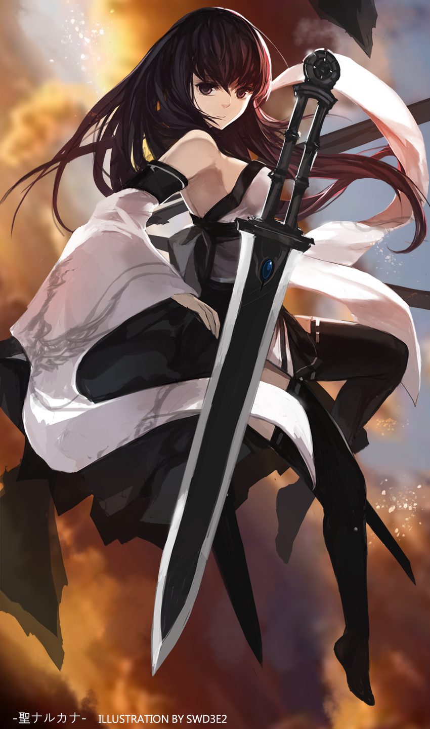 1girl, black_eyes, black_hair, black_legwear, detached_sleeves, eien_no_aselia, highres, japanese_clothes