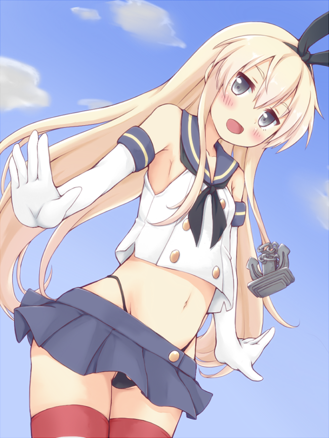 1girl, anchor, black_panties, blonde_hair, blue_skirt, blush, elbow_gloves, gloves, grey_eyes, hairband, kantai_collection, long_hair, mrisk, navel, open_mouth, panties, shimakaze_(kantai_collection), skirt, solo, thigh-highs, underwear, white_gloves