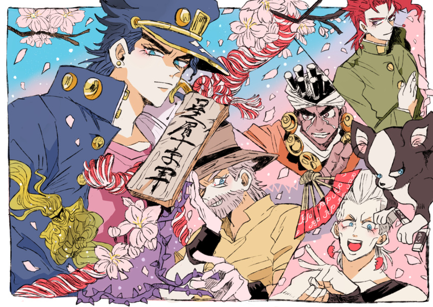 6+boys, beard, black_hair, blue_eyes, blush, brown_eyes, cherry_blossoms, dark_skin
