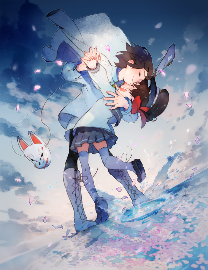1boy, 1girl, 21grams, :d, boots, bow, brown_hair, closed_eyes
