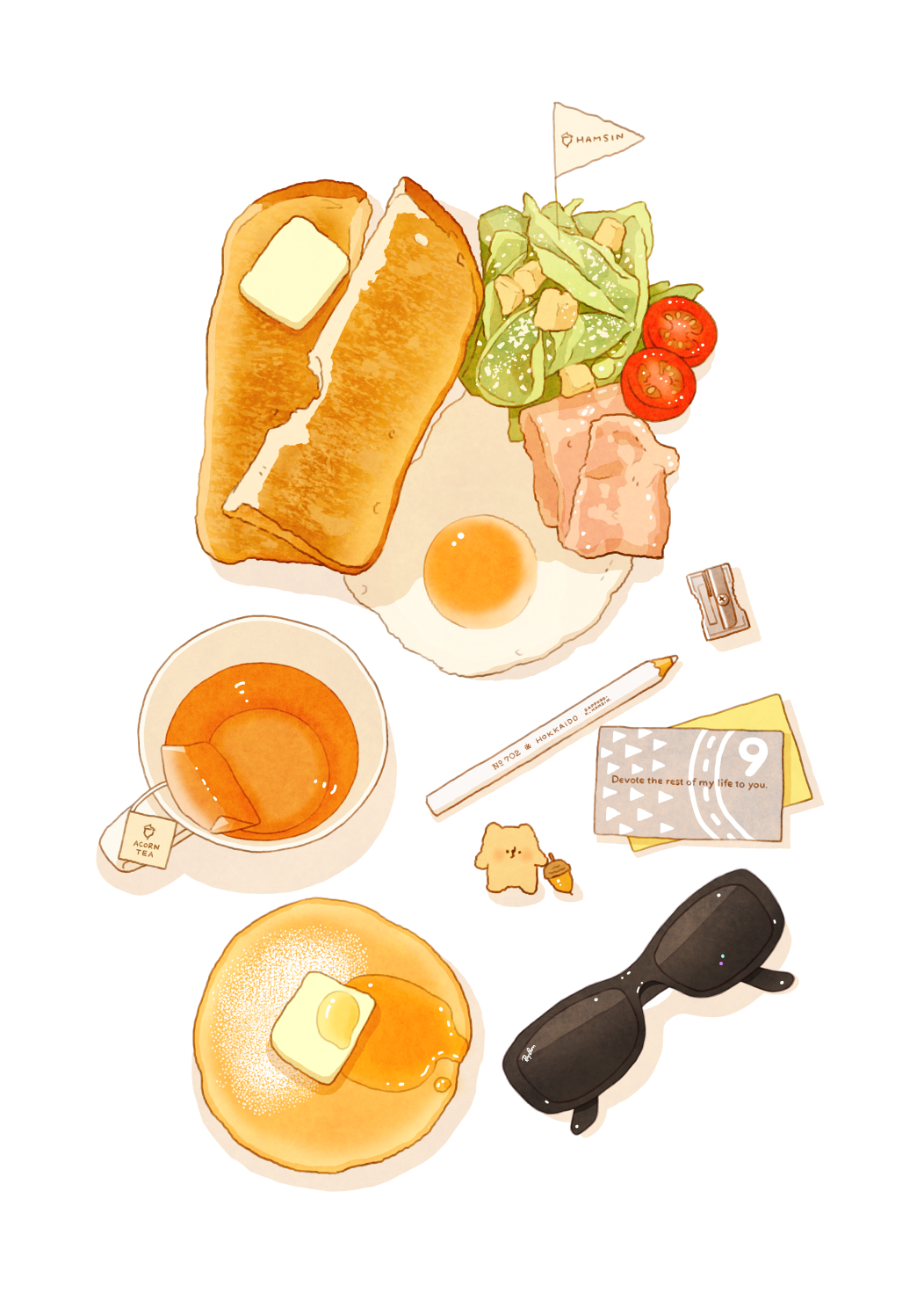 acorn, bacon, bear, bread, butter, colored_pencil, crouton, egg, english, flag, food, highres, k_hamsin, lettuce, no_humans, original, pancake, pencil, pencil_sharpener, salad, sunglasses, tea, teabag, toast, tomato, white_background