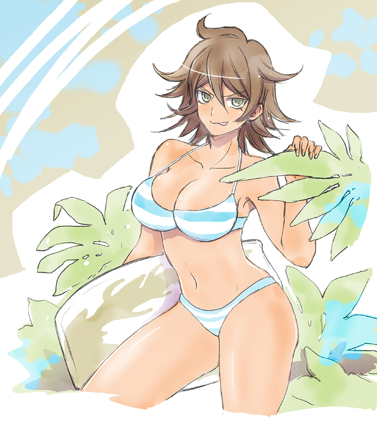 1girl, bikini, breasts, brown_hair, cleavage, dangan_ronpa, dark_skin, grin