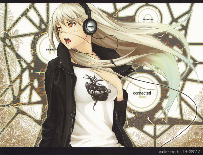 absurdres, audio-technica, blush, copyright_request, gradient_hair, hand_on_own_chest, headphones, highres