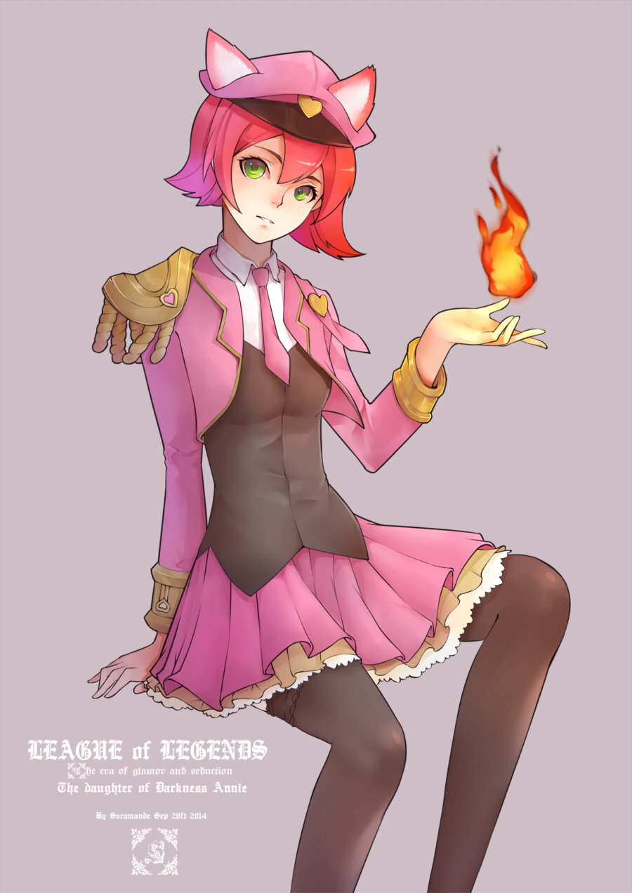 1girl, animal_ears, annie_hastur, fire, green_eyes, hat, highres, league_of_legends, looking_at_viewer, magic, necktie, parted_lips, pink_hair, saramande, sitting, solo, teenage, thigh-highs
