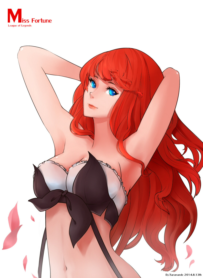 1girl, armpits, arms_behind_head, blue_eyes, highres, league_of_legends, lipstick, long_hair