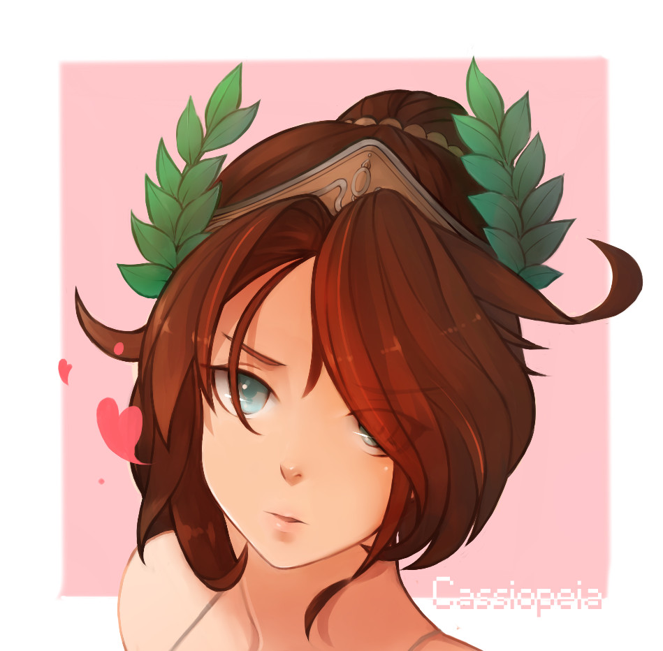 1girl, blue_eyes, brown_hair, cassiopeia_du_couteau, close-up, hair_bun, hair_ornament, hair_over_one_eye