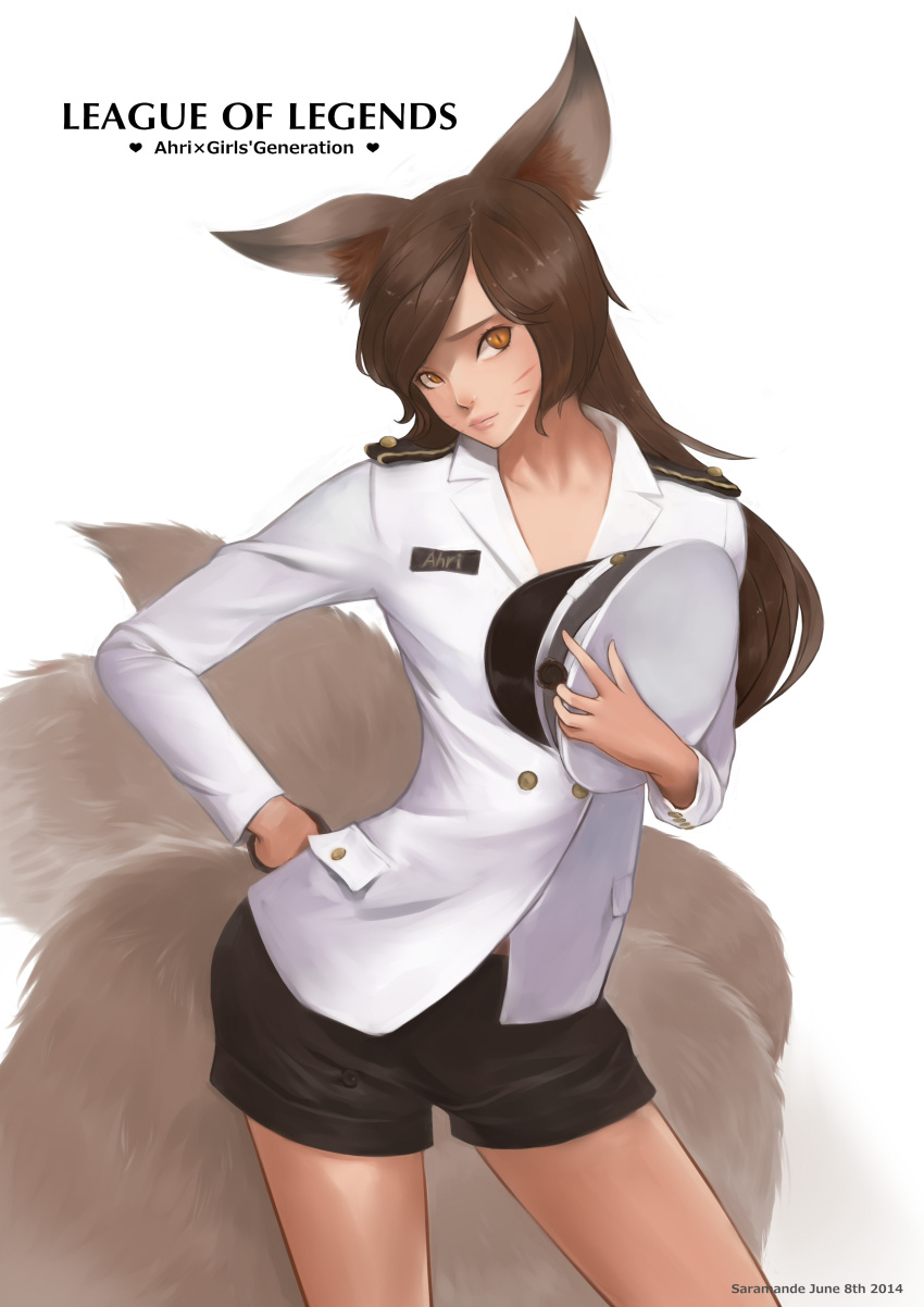 1girl, absurdres, ahri, alternate_costume, animal_ears, brown_eyes, brown_hair, fox_ears