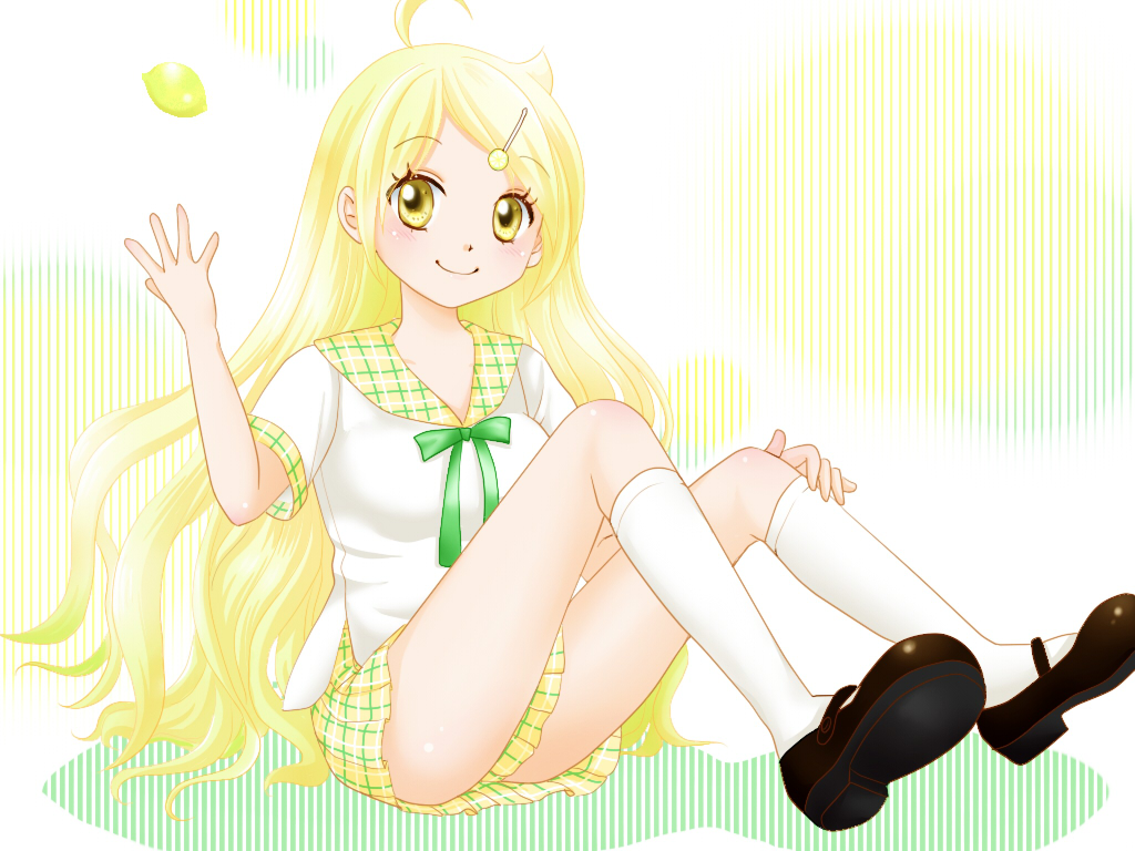 1girl, ahoge, blonde_hair, food, fruit, hair_ornament, hairclip, lemon