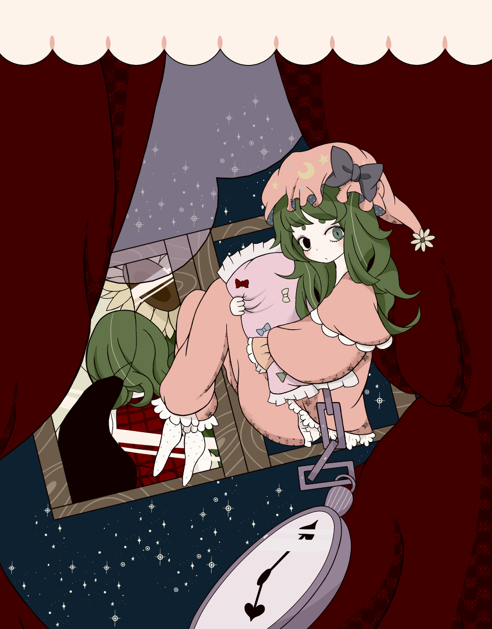 curtains, dual_persona, flower, green_hair, heterochromia, highres, ikyuu, kazami_yuuka