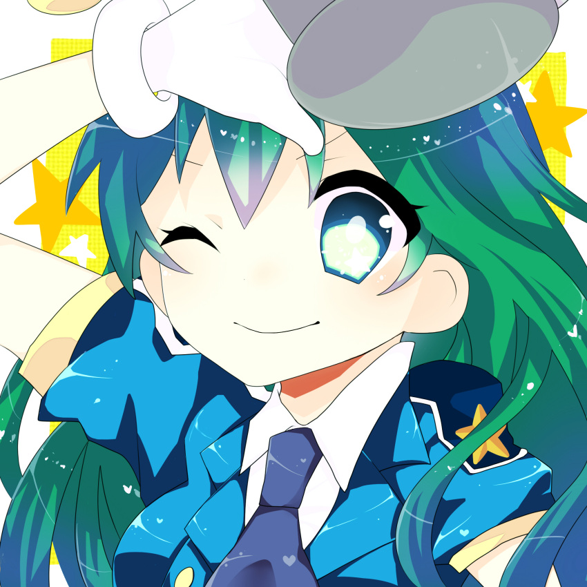 1girl, ;), antennae, blue_eyes, green_hair, highres, keroro_gunsou, long_hair