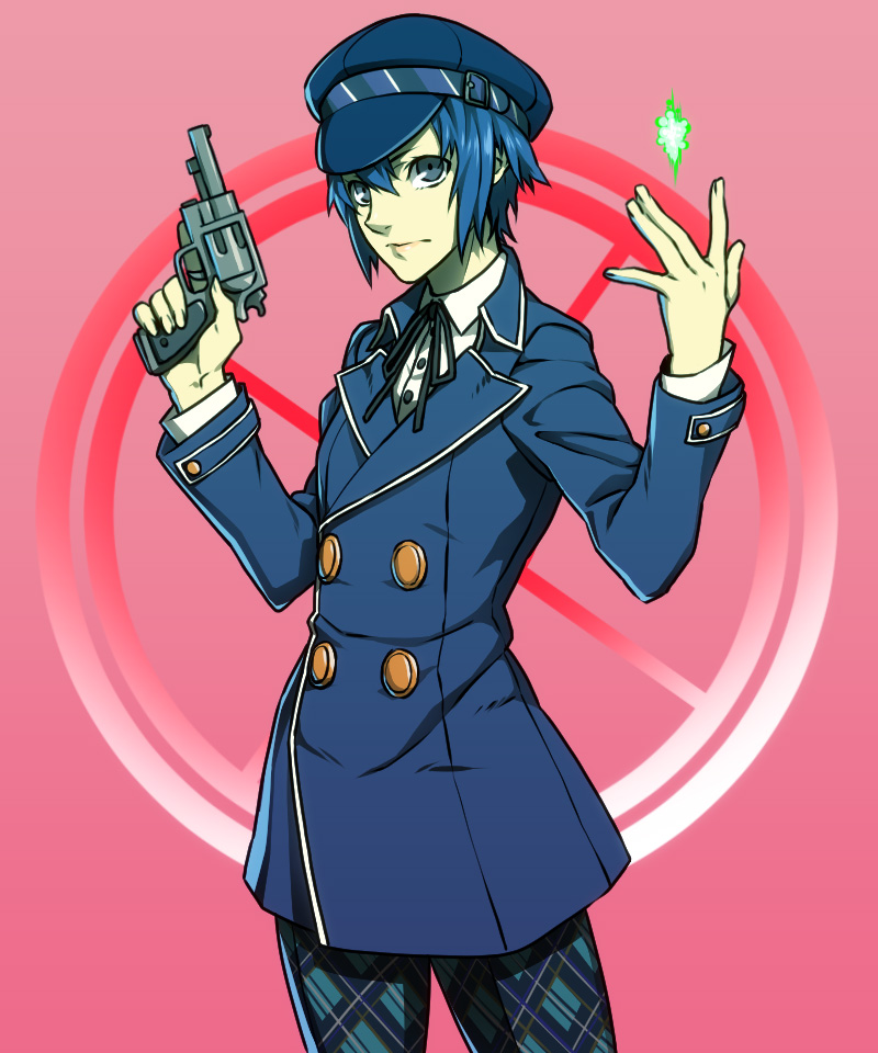 1girl, androgynous, blue_eyes, blue_hair, cabbie_hat, coat, gun, handgun