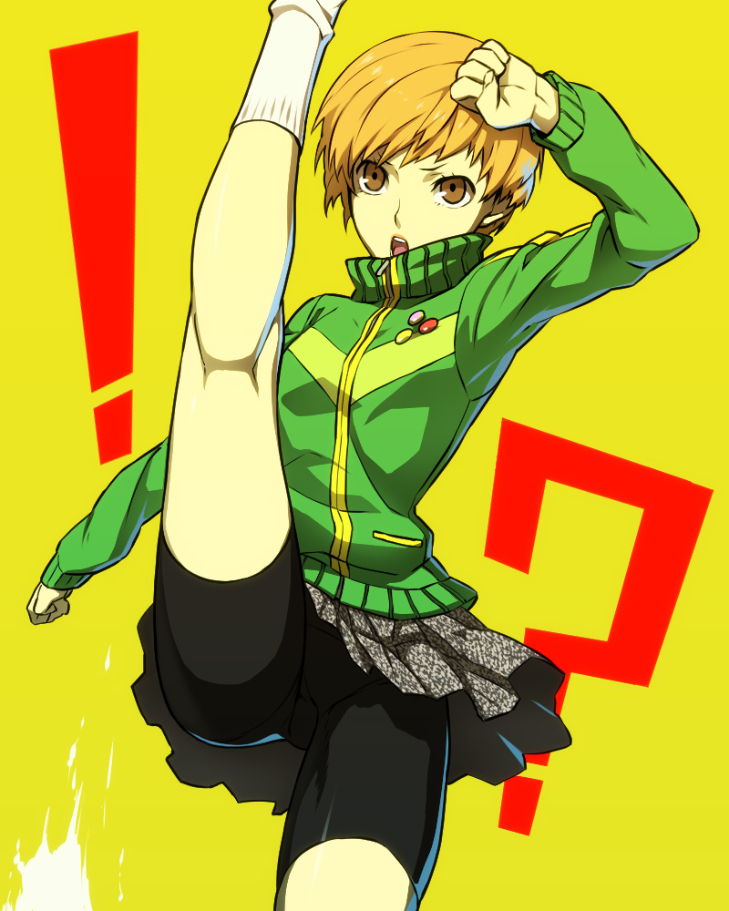 1girl, arm_up, bike_shorts, brown_eyes, brown_hair, green_jacket, high_kick, jacket
