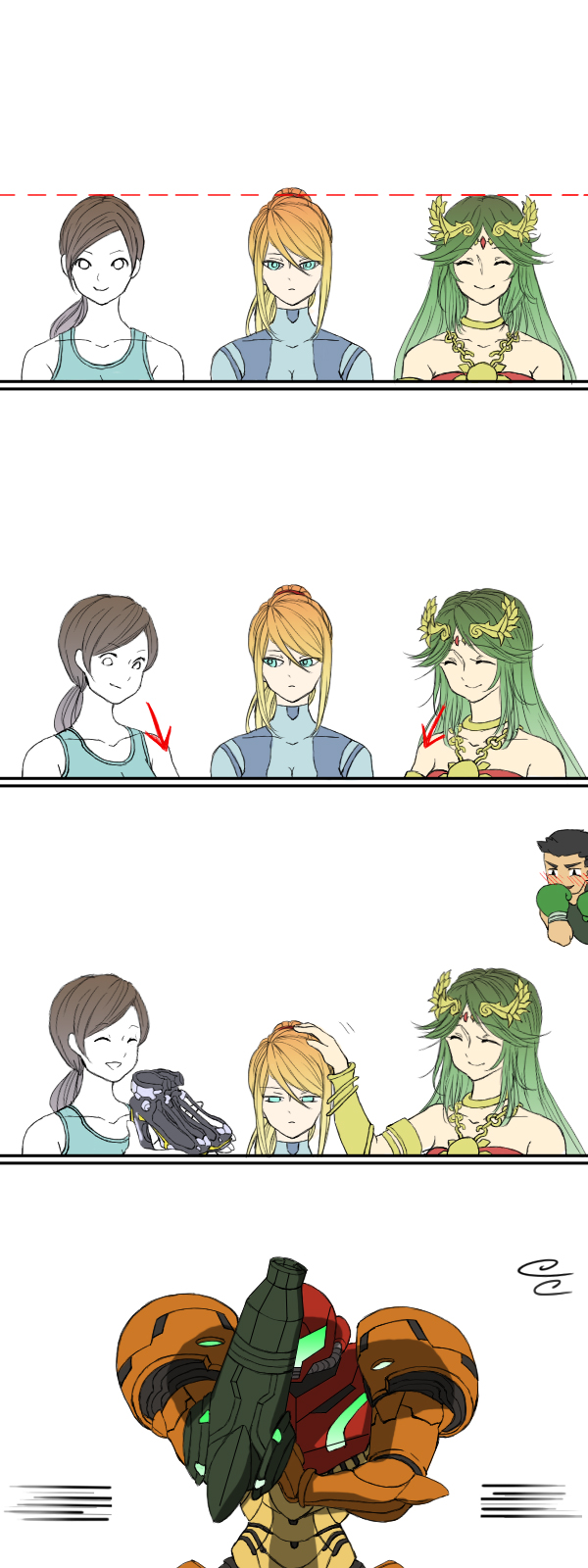 1boy, 3girls, 4koma, arm_cannon, black_hair, blonde_hair, blue_eyes, blush