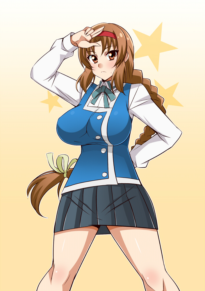 1girl, braid, breasts, brown_eyes, brown_hair, d-frag!, gabayo, hairband, large_breasts, long_hair, school_uniform, skirt, solo, takao_(d-frag!), very_long_hair