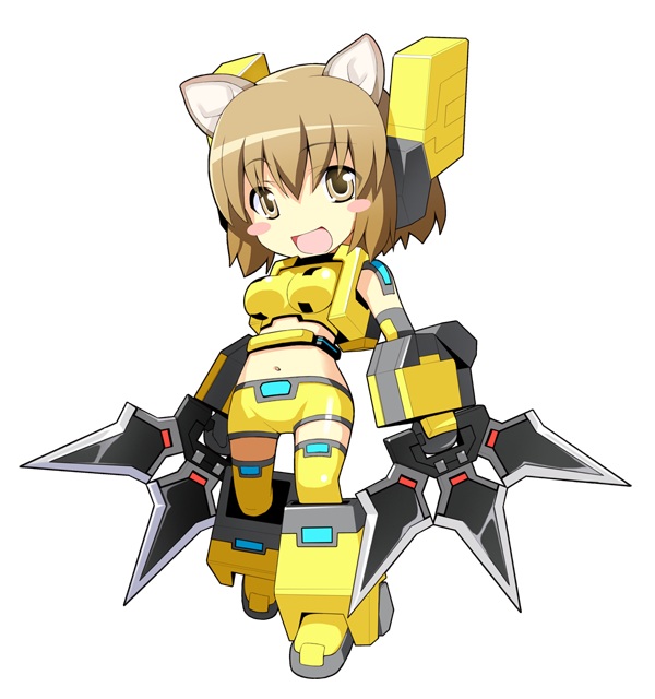 1girl, animal_ears, armored_boots, blush_stickers, bodysuit, brown_eyes, brown_hair, cat_ears