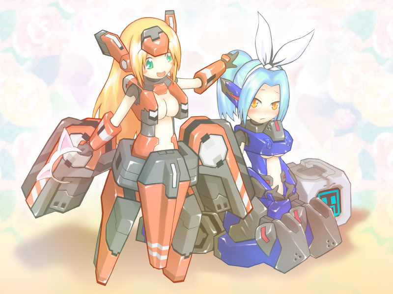 2girls, animal_ears, armor, artist_request, blonde_hair, blush, blush_stickers, breasts