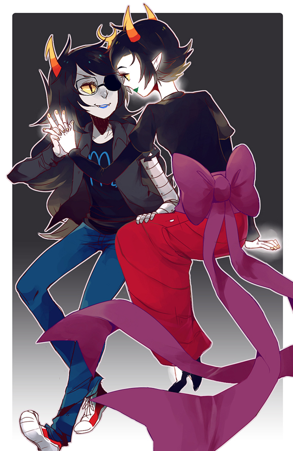 2girls, black_hair, bow, eyepatch, fangs, glasses, grey_skin, holding_hands, homestuck, horns, jacket, kanaya_maryam, lipstick, long_hair, long_skirt, makeup, multiple_girls, robotic_arms, sharp_teeth, short_hair, skirt, smile, vriska_serket, waltza, yellow_sclera