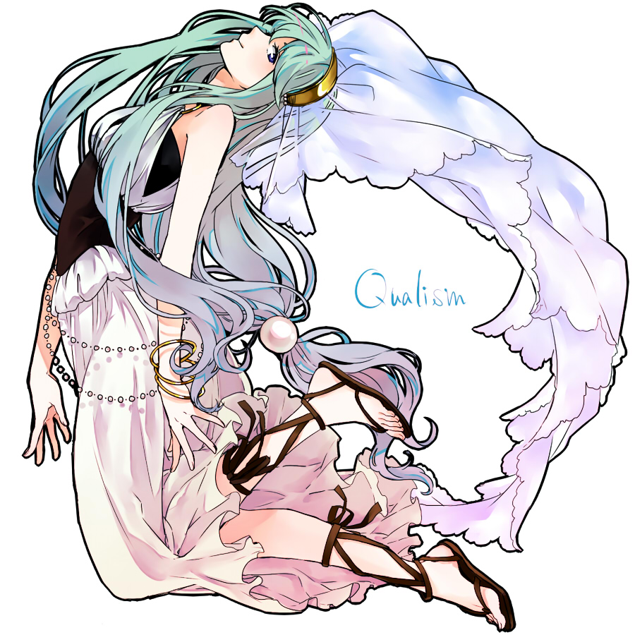 1girl, amphitrite, blue_eyes, greek_mythology, green_hair, hairband, long_hair, low-tied_long_hair