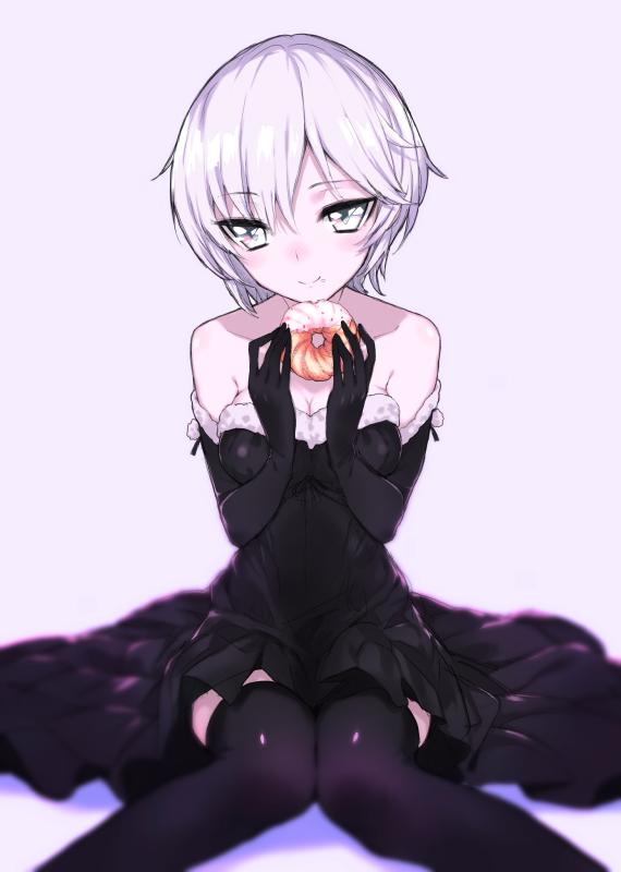 1girl, anastasia_(idolmaster), blue_eyes, breasts, doughnut, dress, elbow_gloves, gloves