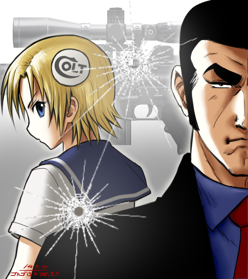 1girl, black_hair, blonde_hair, blue_eyes, bullet_hole, buzz_cut, crossover, duke_togo