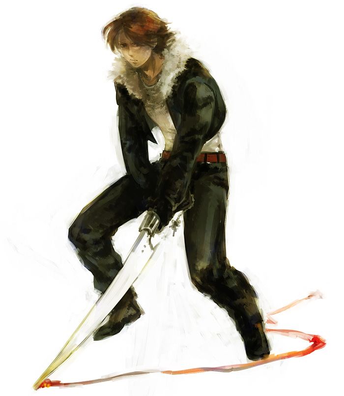 belt, brown_hair, final_fantasy, final_fantasy_viii, fur_trim, gloves, gunblade, jacket, kazushi, squall_leonhart, weapon