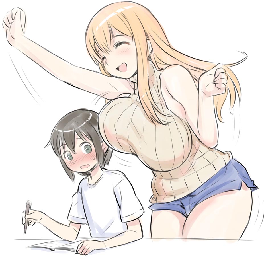 1boy, 1girl, 774_(nanashi), :d, ^_^, bare_shoulders, blonde_hair, blush