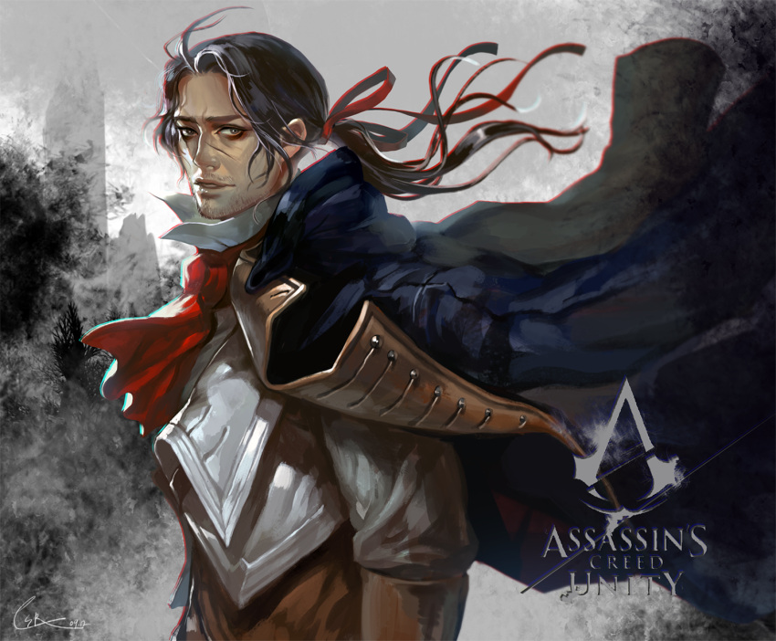 1boy, arno_dorian, assassin's_creed:_unity, copyright_name, facial_hair, highres, logo, looking_at_viewer