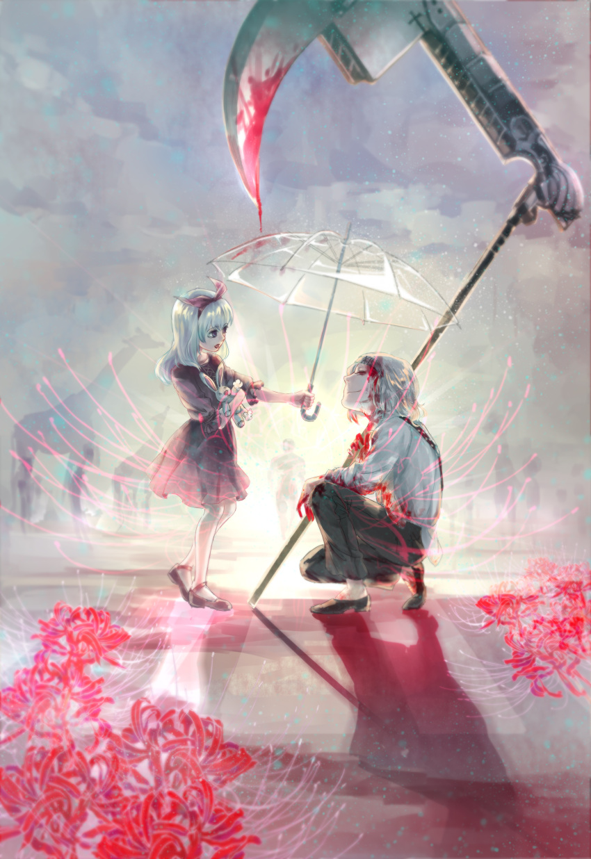 3boys, absurdres, androgynous, artist_request, blood, blood_on_face, bloody_weapon, bow