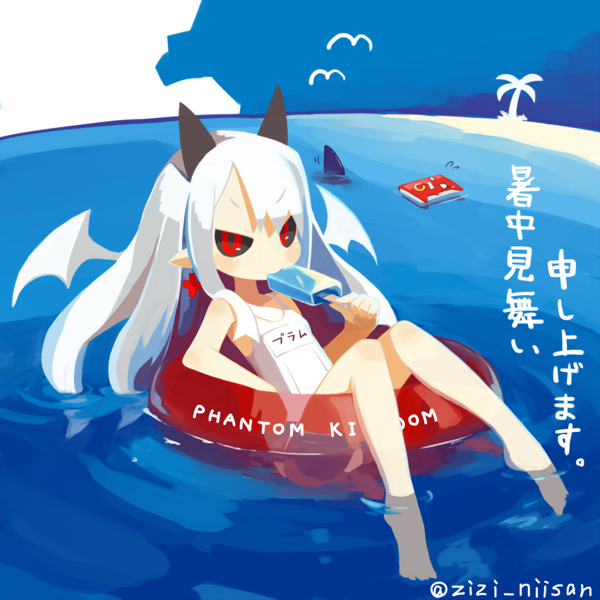 1girl, albino, beach, black_sclera, book, demon_girl, earrings, eating, harada_takehito_(style), highres, horns, innertube, jewelry, long_hair, name_tag, official_style, phantom_kingdom, popsicle, pram, red_eyes, school_swimsuit, swimsuit, translation_request, twitter_username, water, white_hair, white_school_swimsuit, white_swimsuit, wings, zetta_(phantom_kingdom), zetta_(phantom_kingdom)_(book), zizi_niisan