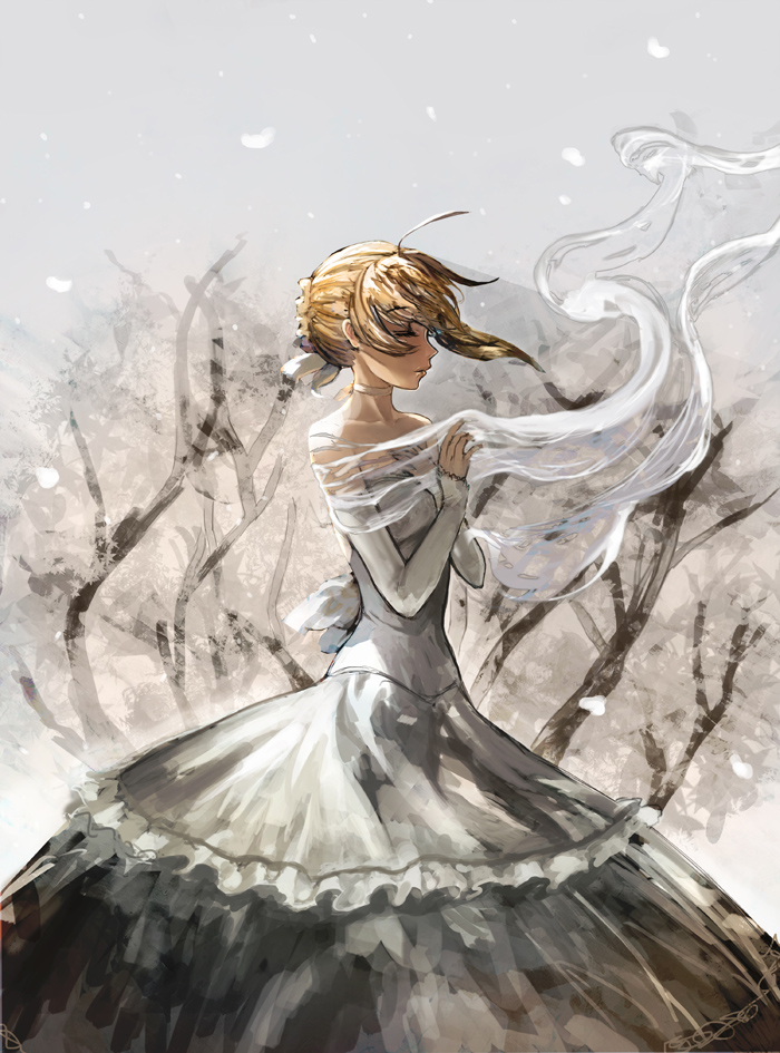 1girl, ahoge, blonde_hair, dress, fate/stay_night, fate_(series), green_eyes, saber