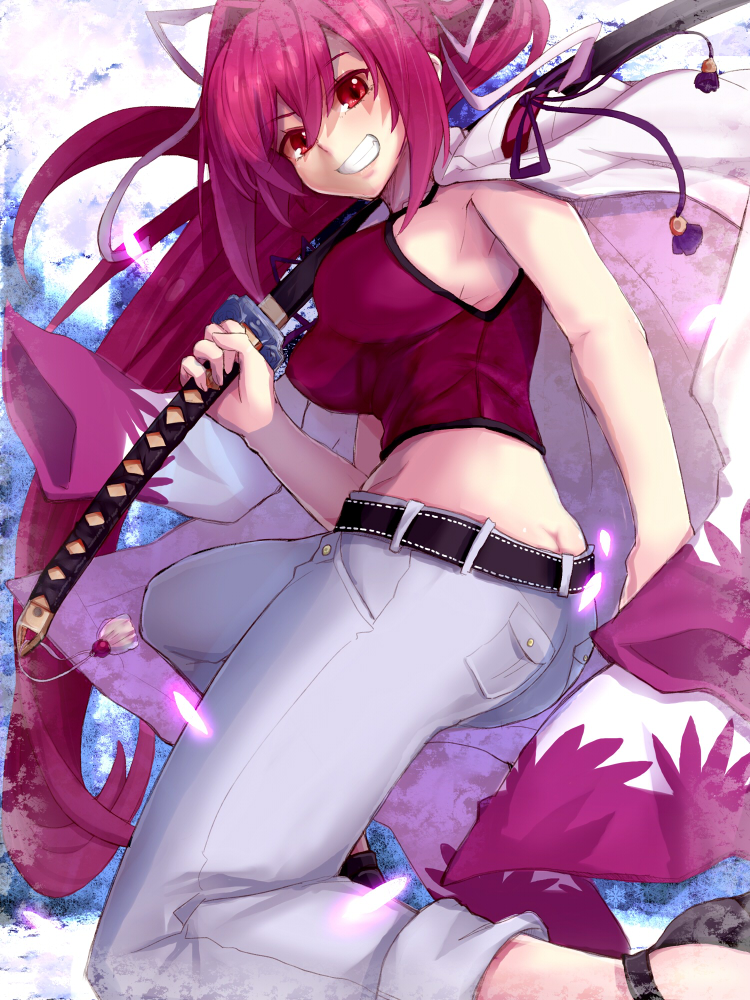 1girl, breasts, butt_crack, denim, grin, hair_intakes, high_heels, jacket_on_shoulders, jeans, long_hair, midriff, nodachi, over_shoulder, pants, ponytail, purple_hair, red_eyes, sheath, sheathed, sideboob, smile, solo, sword, sword_over_shoulder, tank_top, under_night_in-birth, weapon, weapon_over_shoulder, yude, yuzuriha_(under_night_in-birth)
