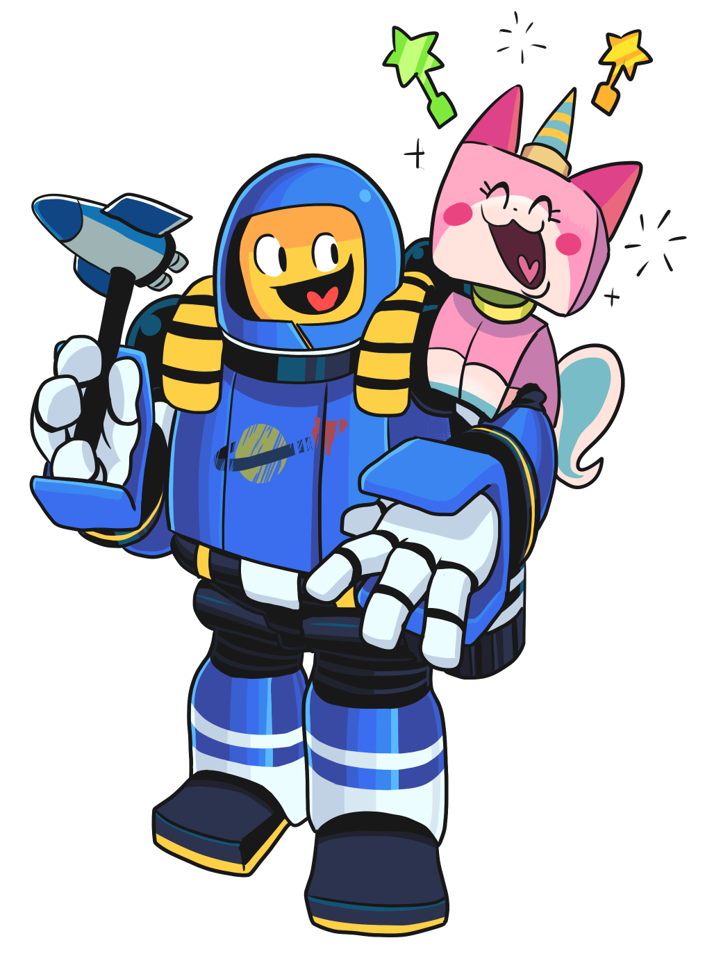 1boy, benny_(the_lego_movie), cat, gashi-gashi, heart, heart_in_mouth, helmet, highres, humanization, lego, princess_unikitty, sitting_on_shoulder, spacesuit, the_lego_movie, yellow_skin