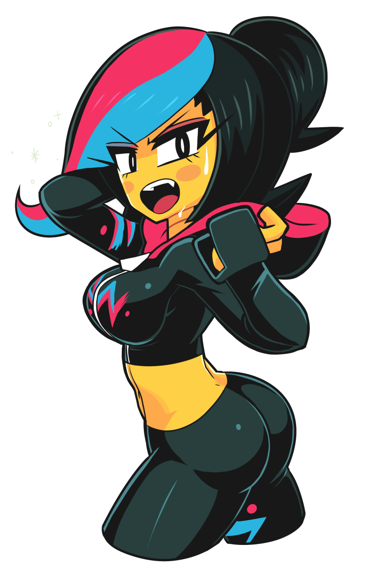 1girl, ass, black_eyes, black_hair, blue_hair, blush_stickers, crop_top, cropped_legs, eyeshadow, fang, gashi-gashi, hand_in_hair, hood_down, hoodie, humanization, lego, makeup, midriff, navel, open_mouth, redhead, short_hair, solo, the_lego_movie, wyldstyle, yellow_skin