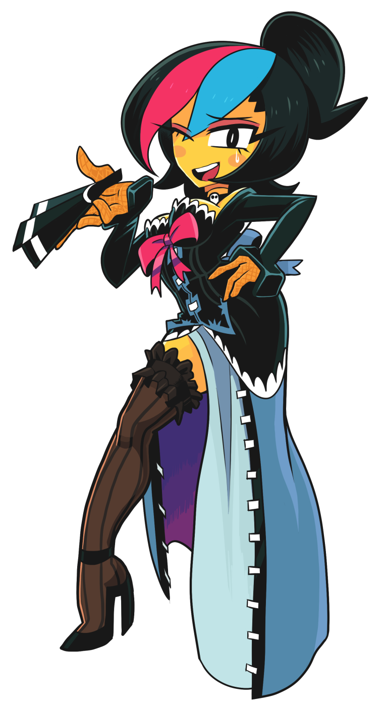 1girl, ;), alternate_costume, black_eyes, black_hair, blue_hair, blush_stickers, breasts, corset, fan, fishnet_gloves, folding_fan, garter_straps, gashi-gashi, gloves, hand_on_hip, high_heels, highres, humanization, large_breasts, lego, legs, multicolored_hair, one_eye_closed, redhead, sheer_legwear, short_hair, side_slit, smile, solo, sweatdrop, the_lego_movie, thigh-highs, vertical_stripes, western, wyldstyle, yellow_skin